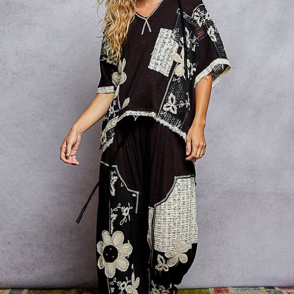 The Black Brooke Set POL  V-neck hoodie, relaxed fit top in rib with lace detail - Picture 1 of 4